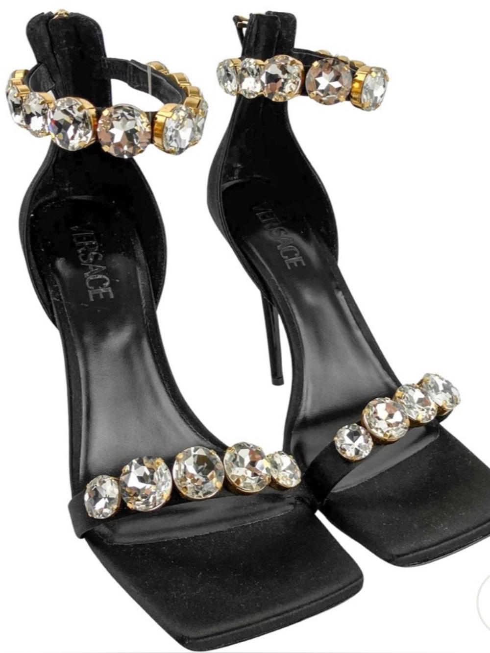 NEW VERSACE CRYSTAL SATIN BLACK 38 NOTE: right shoe broken pull tab on zipper